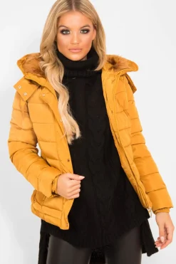 Rebellious Fashion Mustard Faux Fur Trim Hood Padded Coat - Jessabelle