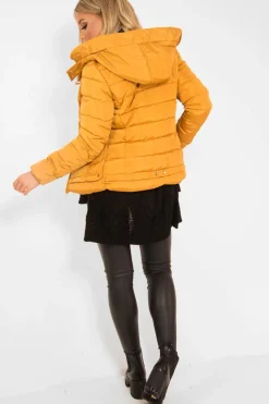 Rebellious Fashion Mustard Faux Fur Trim Hood Padded Coat - Jessabelle