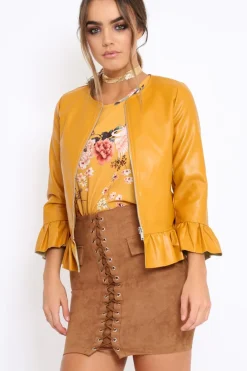 Rebellious Fashion Mustard Faux Leather Frill Hem Jacket - Cherrie