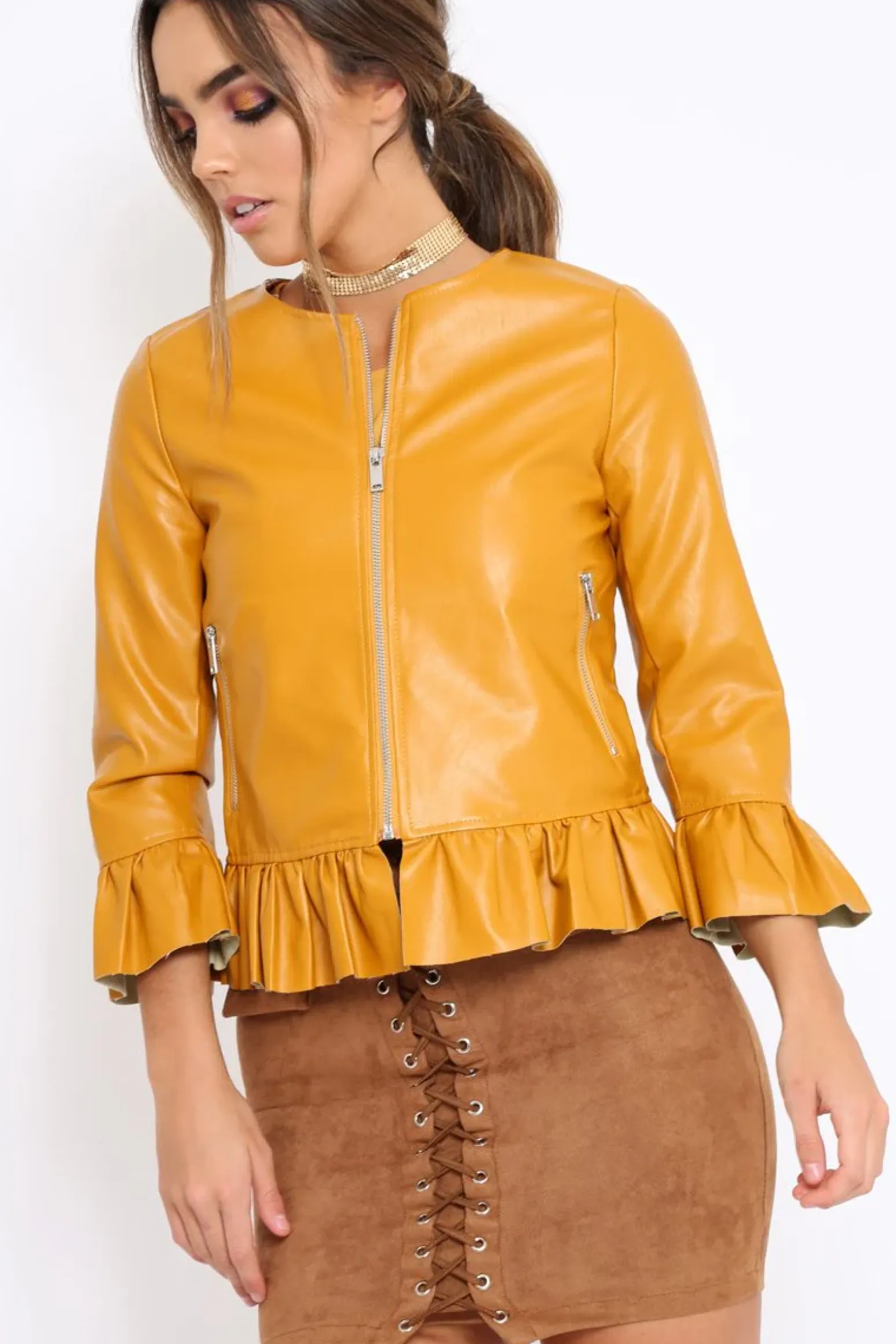 Rebellious Fashion Mustard Faux Leather Frill Hem Jacket - Cherrie