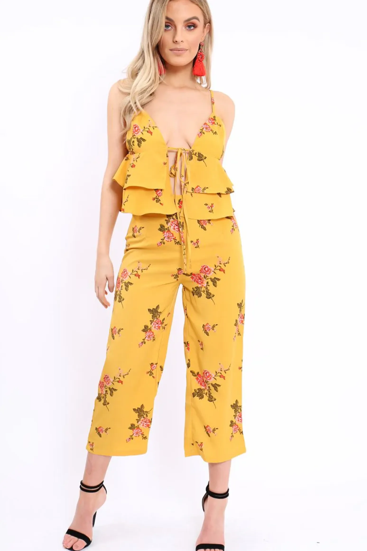 Rebellious Fashion Mustard Floral Bralet and Cropped Pants Co-ord - Faria