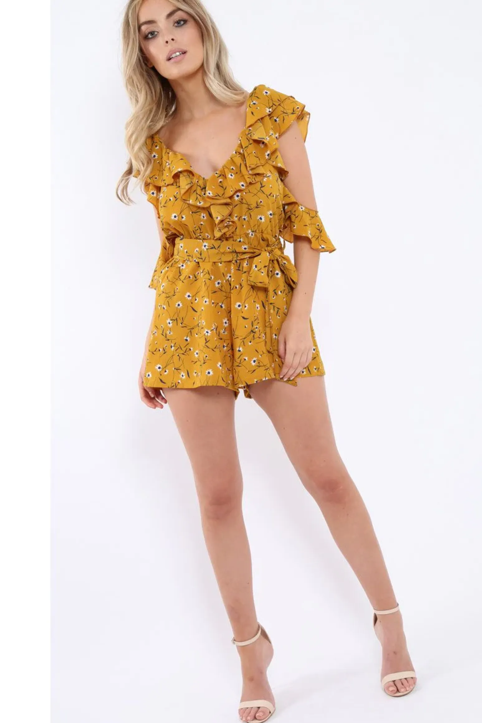 Rebellious Fashion Mustard Floral Cold Shoulder Playsuit - Arlene