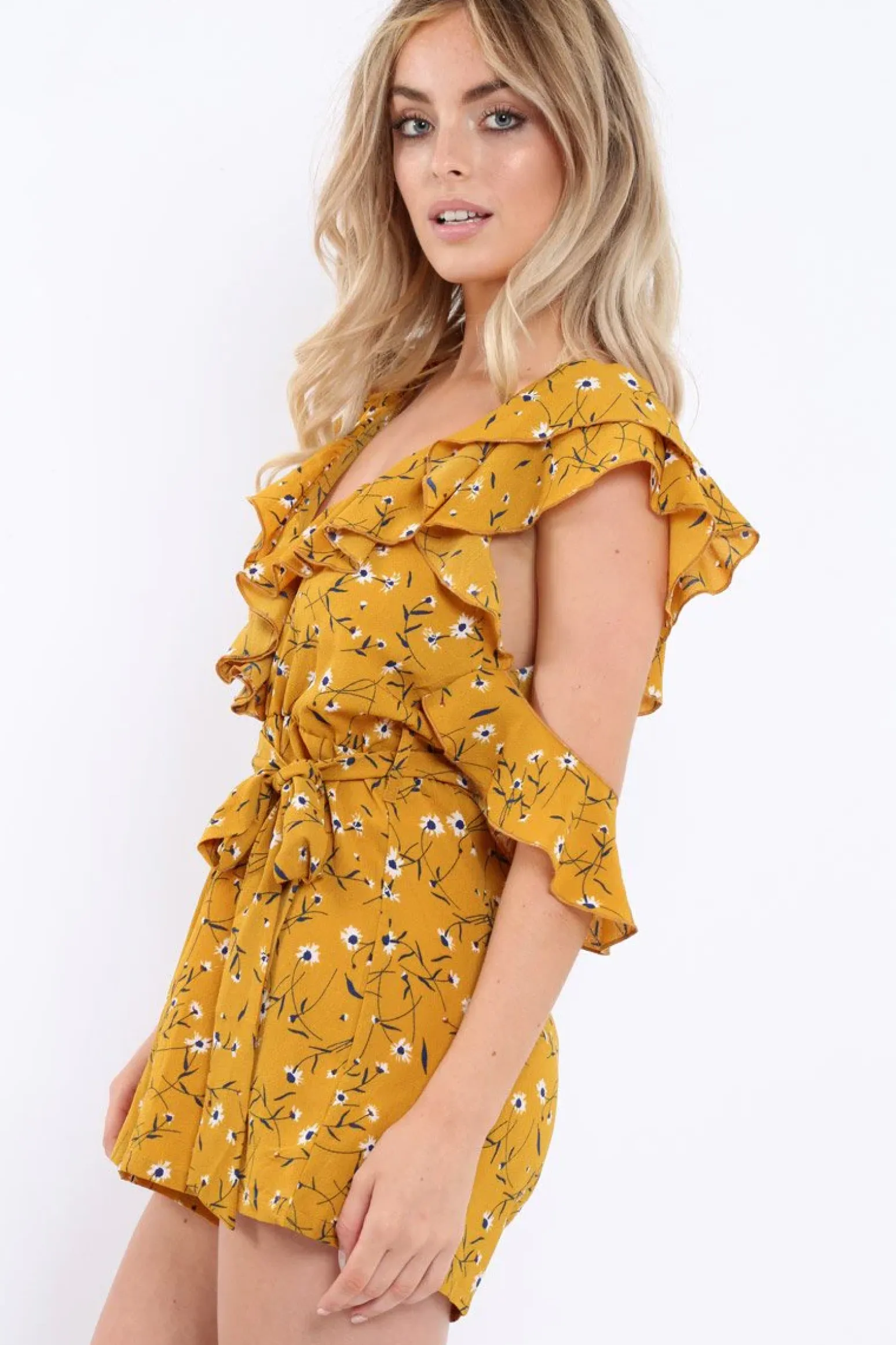 Rebellious Fashion Mustard Floral Cold Shoulder Playsuit - Arlene