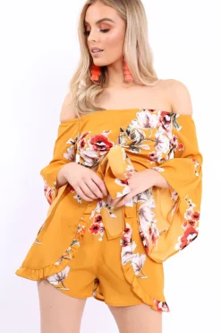 Rebellious Fashion Mustard Floral Crop Top and Shorts Co-ord - Teigan