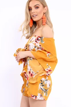Rebellious Fashion Mustard Floral Crop Top and Shorts Co-ord - Teigan