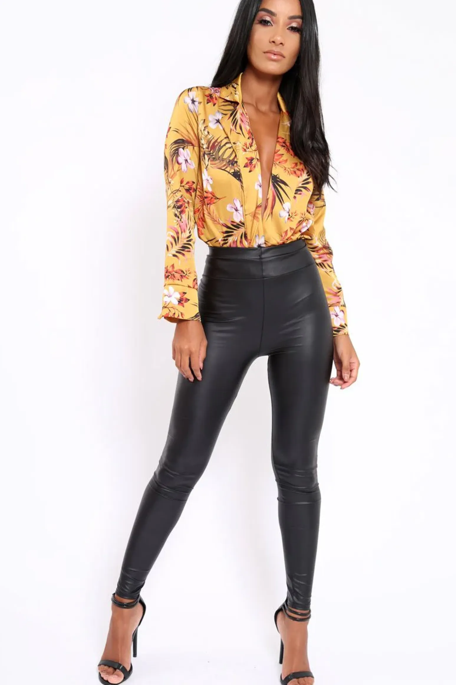 Rebellious Fashion Mustard Floral Plunge Satin Bodysuit - Rebeka