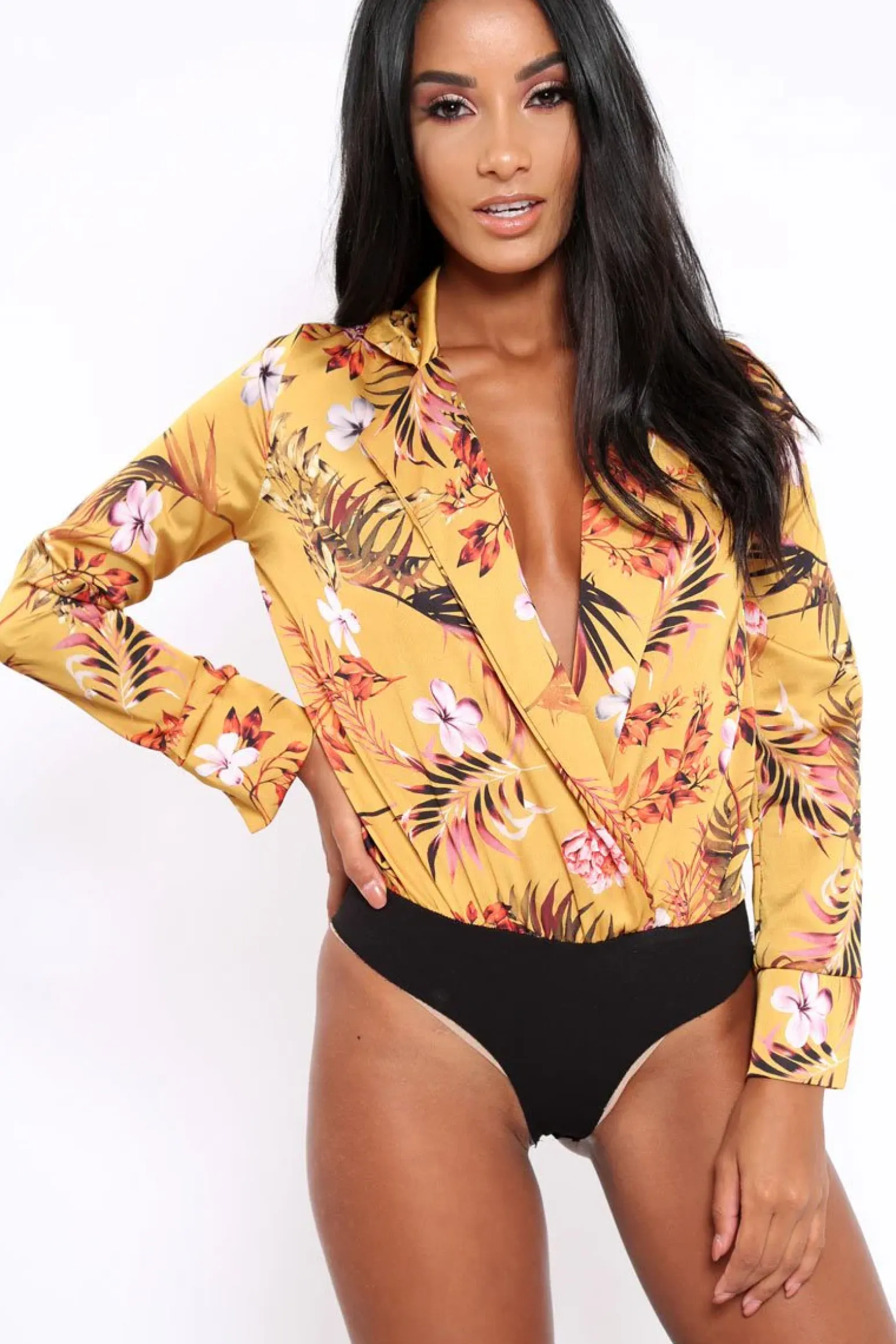 Rebellious Fashion Mustard Floral Plunge Satin Bodysuit - Rebeka