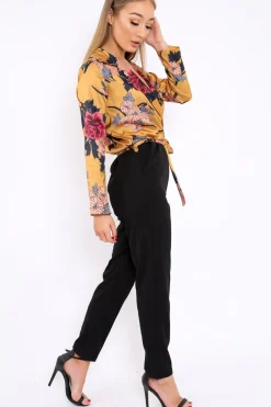 Rebellious Fashion Mustard Floral Plunge Satin Wrap Front Jumpsuit - Talulah