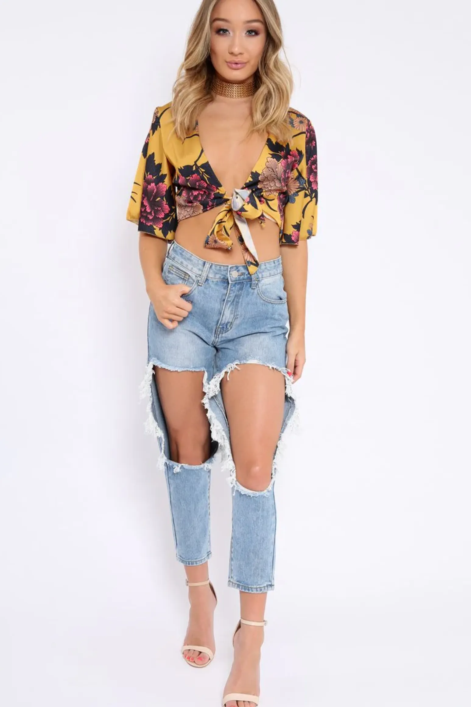 Rebellious Fashion Mustard Floral Print Satin Tie Crop Top - Kynslee