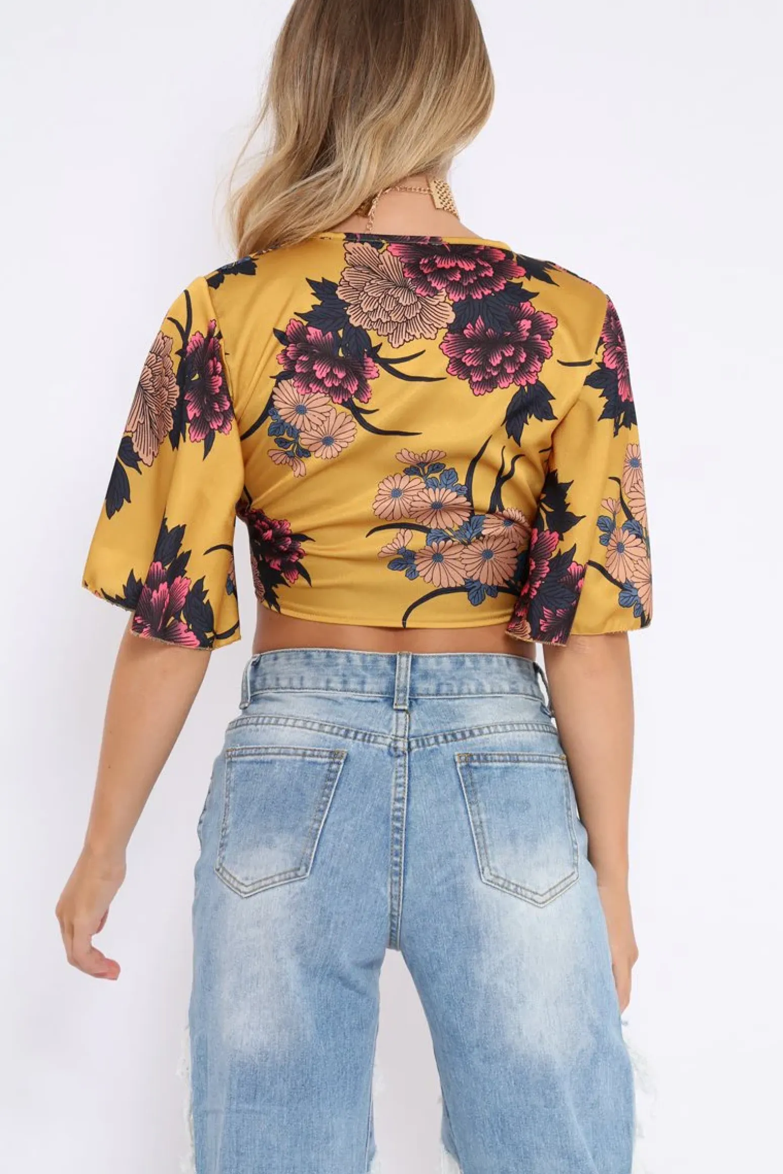 Rebellious Fashion Mustard Floral Print Satin Tie Crop Top - Kynslee