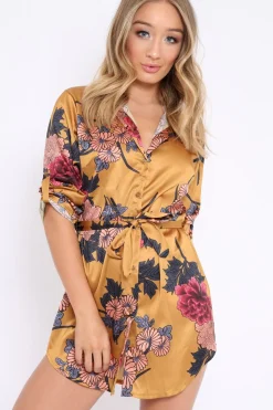 Rebellious Fashion Mustard Floral Satin Shirt Tie Dress - Sophina