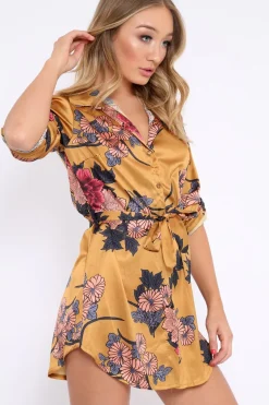 Rebellious Fashion Mustard Floral Satin Shirt Tie Dress - Sophina