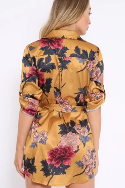 Rebellious Fashion Mustard Floral Satin Shirt Tie Dress - Sophina