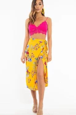 Rebellious Fashion Mustard Floral Wrap Tie Side Midi Skirt - Mailah