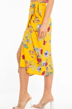 Rebellious Fashion Mustard Floral Wrap Tie Side Midi Skirt - Mailah