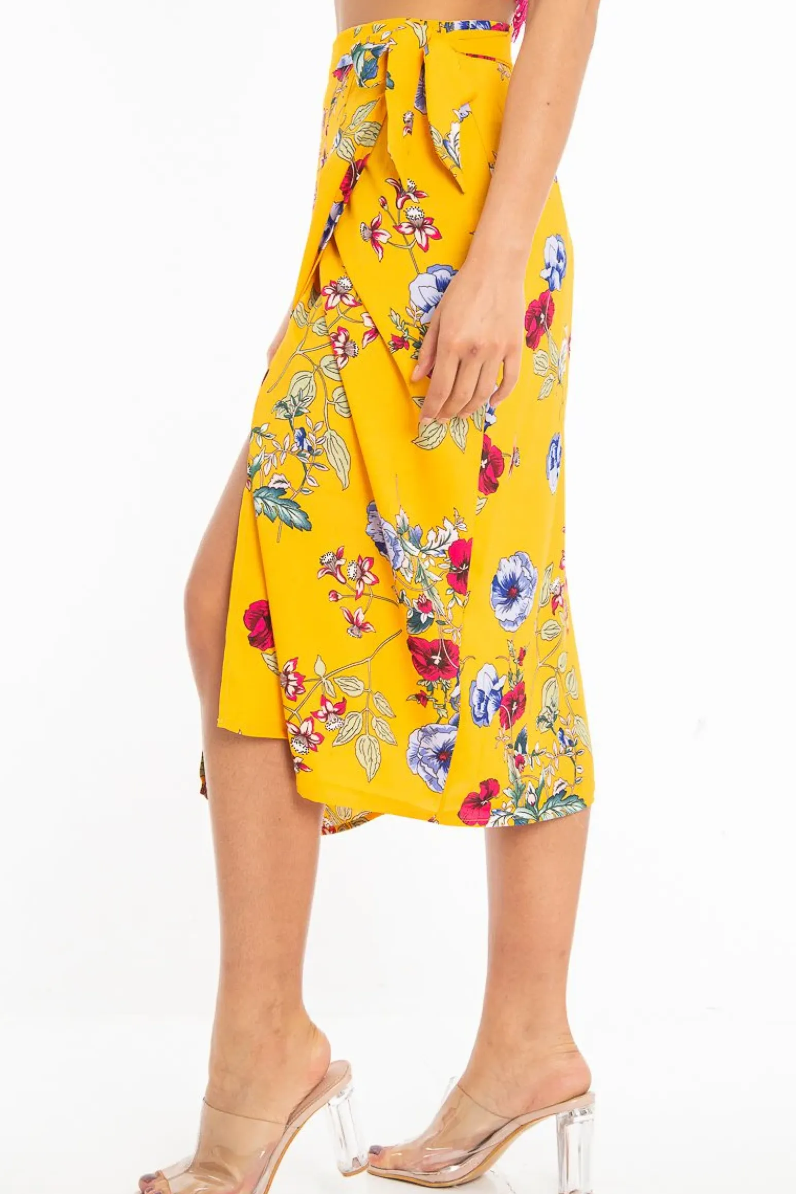 Rebellious Fashion Mustard Floral Wrap Tie Side Midi Skirt - Mailah