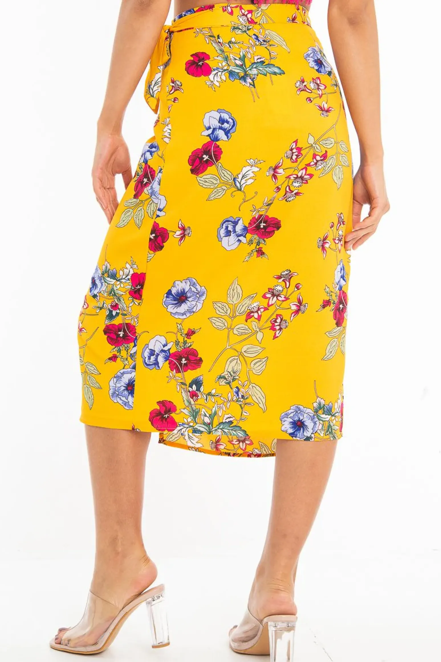 Rebellious Fashion Mustard Floral Wrap Tie Side Midi Skirt - Mailah