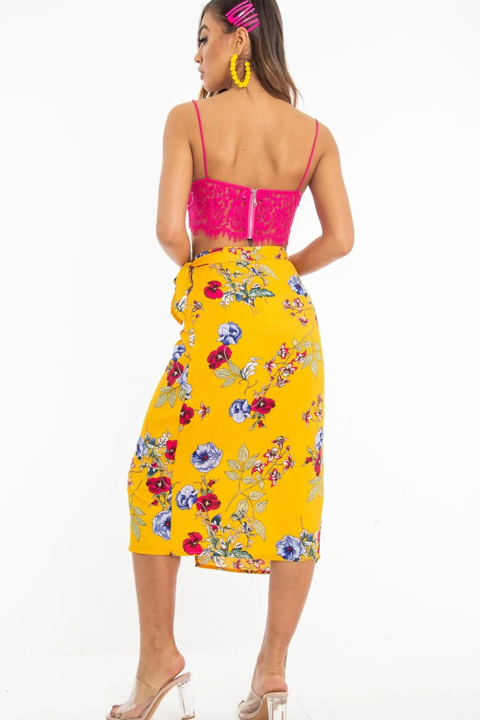 Rebellious Fashion Mustard Floral Wrap Tie Side Midi Skirt - Mailah