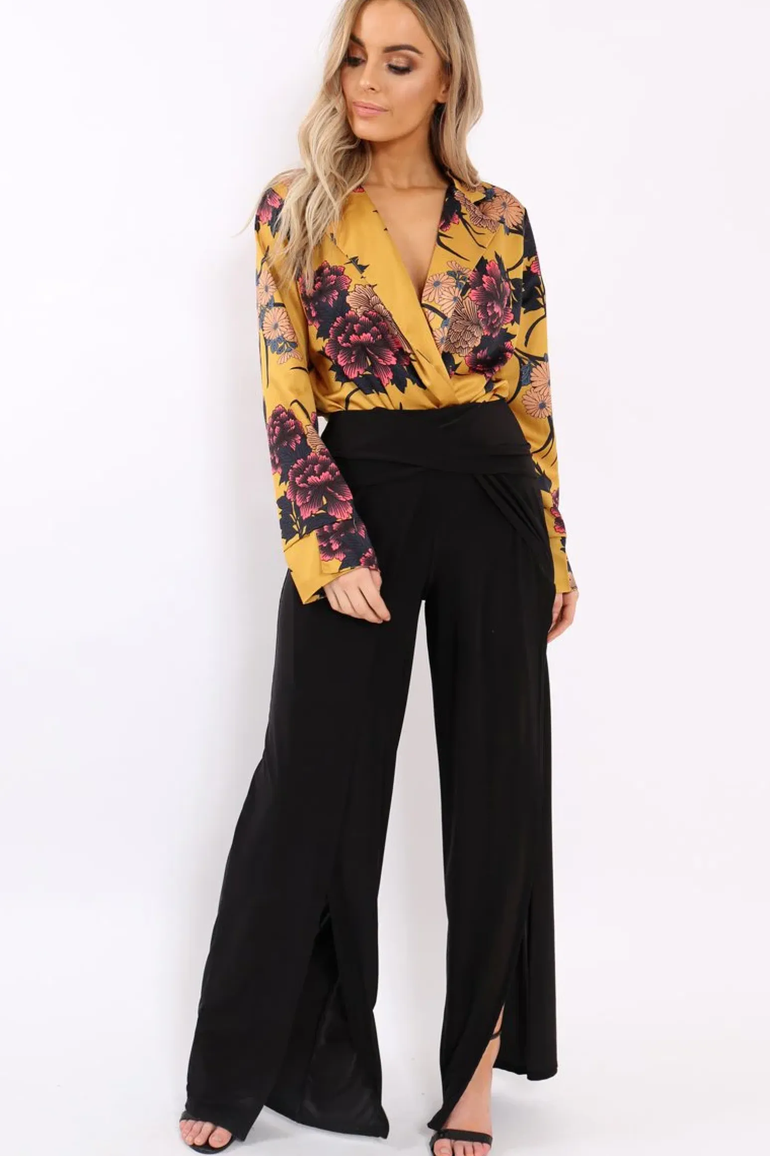 Rebellious Fashion Mustard Flower Print Plunge Satin Bodysuit - Madelynn