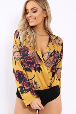 Rebellious Fashion Mustard Flower Print Plunge Satin Bodysuit - Madelynn