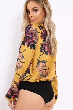 Rebellious Fashion Mustard Flower Print Plunge Satin Bodysuit - Madelynn