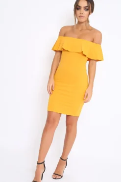 Rebellious Fashion Mustard Frill Bardot Midi Dress - Bridget