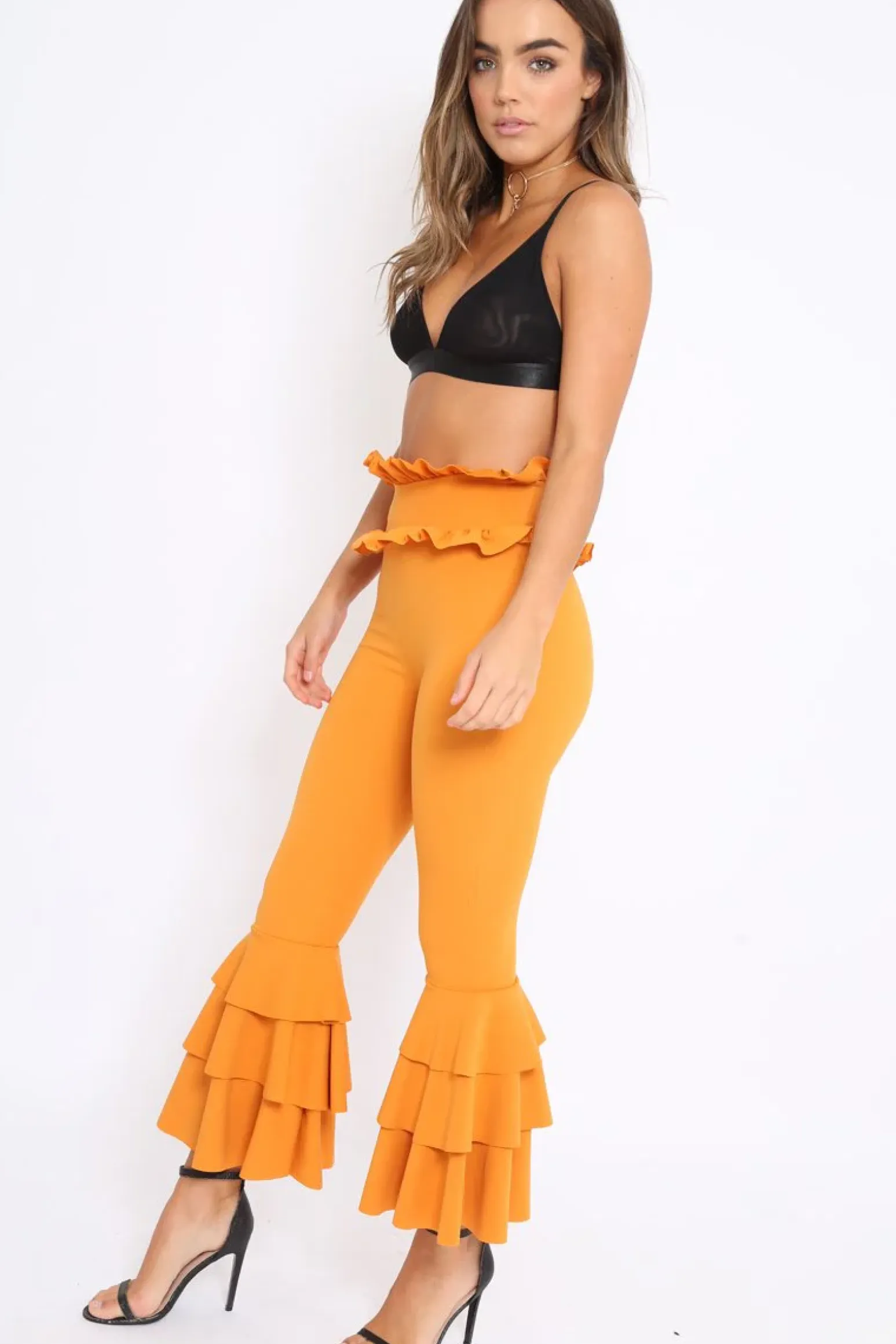 Rebellious Fashion Mustard Frill Hem Triple Tiered Frill Hem Trousers - Karla
