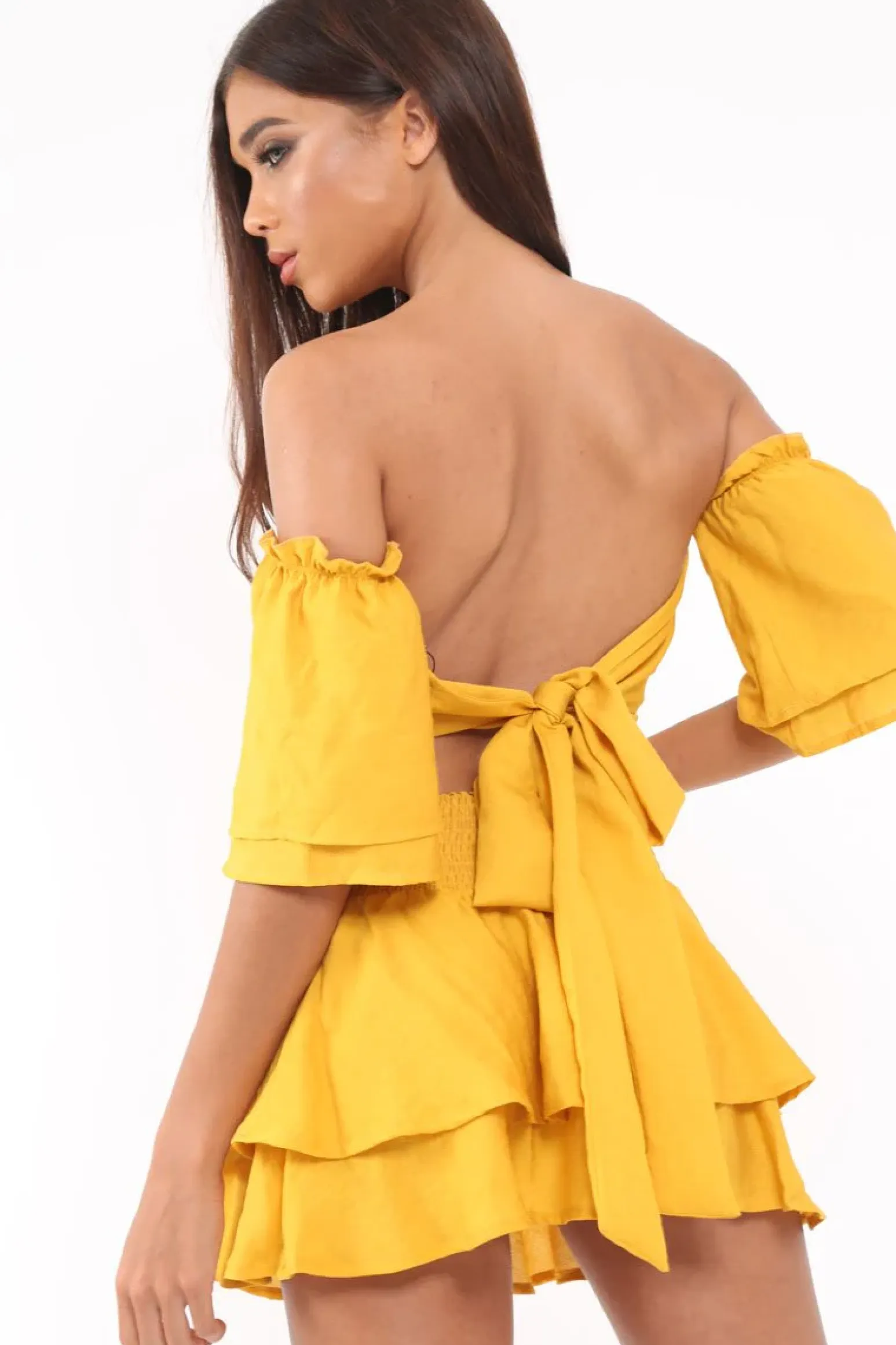 Rebellious Fashion Mustard Frill Tie Back Bardot Crop Top And Mini Skirt - Sarabella