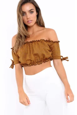 Rebellious Fashion Mustard Gingham Ruched Bardot Gypsy Crop Top - Janette