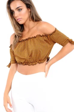 Rebellious Fashion Mustard Gingham Ruched Bardot Gypsy Crop Top - Janette