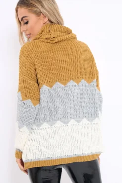 Rebellious Fashion Mustard Grey and Cream ZigZag Patterned Roll Neck Jumper - Nataley