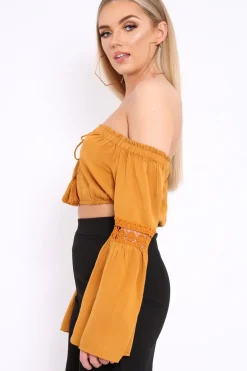 Rebellious Fashion Mustard Gypsy Bardot Crop Top with Key Hole Tie Front - Kaitlin