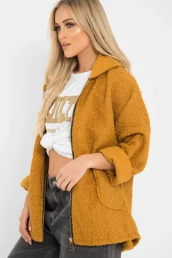 Rebellious Fashion Mustard Hooded Zip Front Borg Coat - Loryn