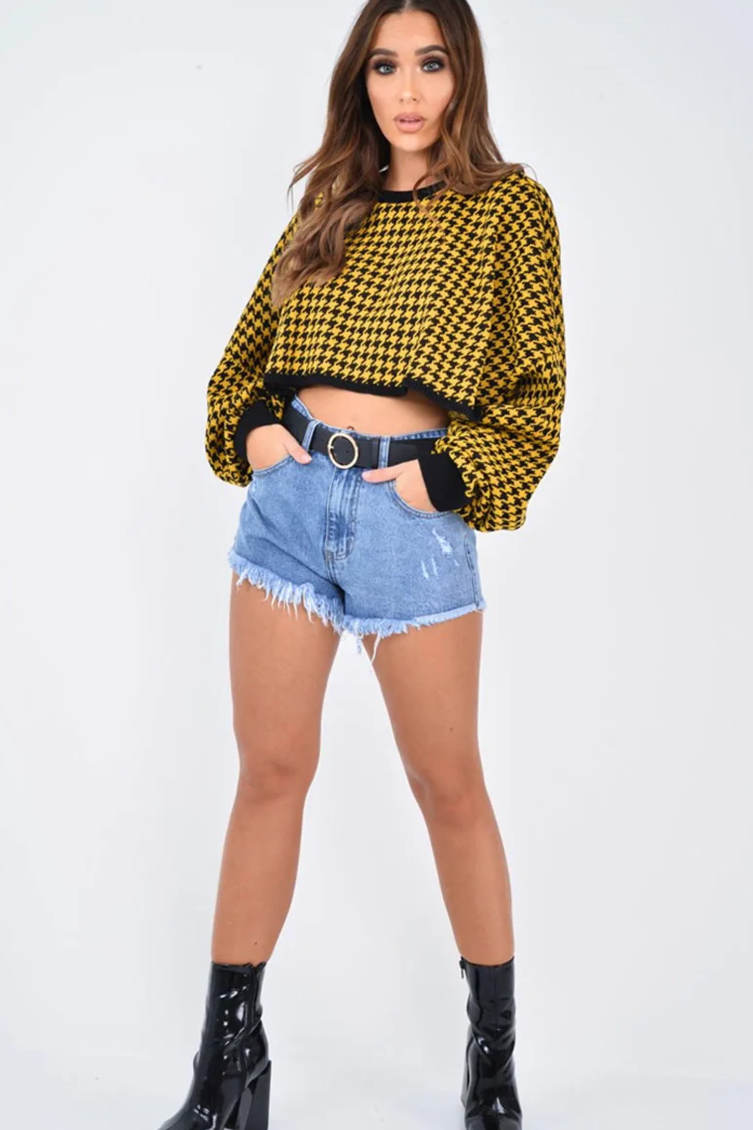 Rebellious Fashion Mustard Hounds Tooth Cropped Batwing Jumper - Lizy