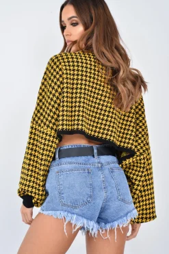 Rebellious Fashion Mustard Hounds Tooth Cropped Batwing Jumper - Lizy
