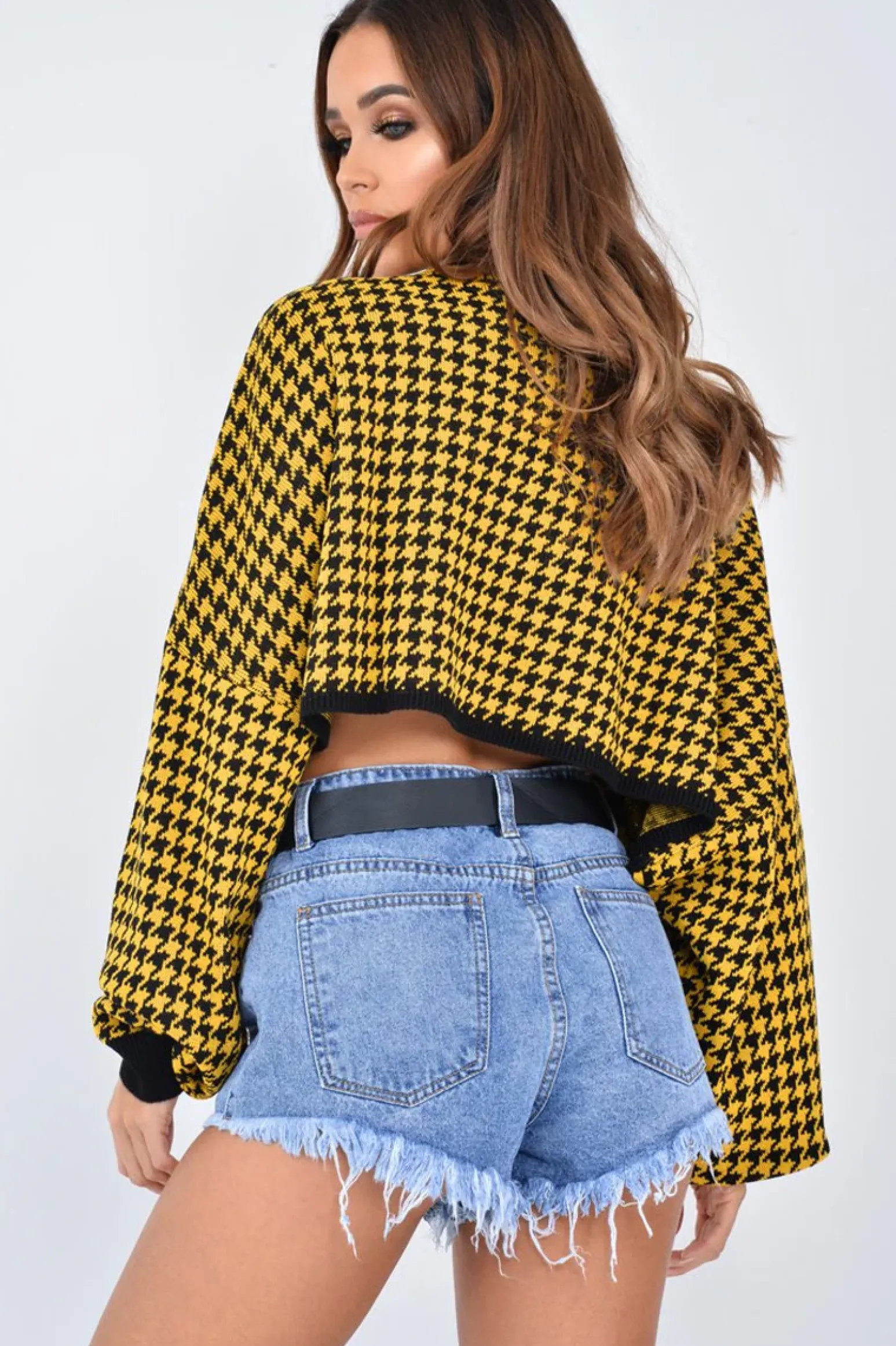 Rebellious Fashion Mustard Hounds Tooth Cropped Batwing Jumper - Lizy