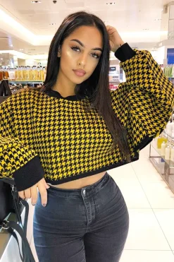Rebellious Fashion Mustard Hounds Tooth Cropped Batwing Jumper - Lizy