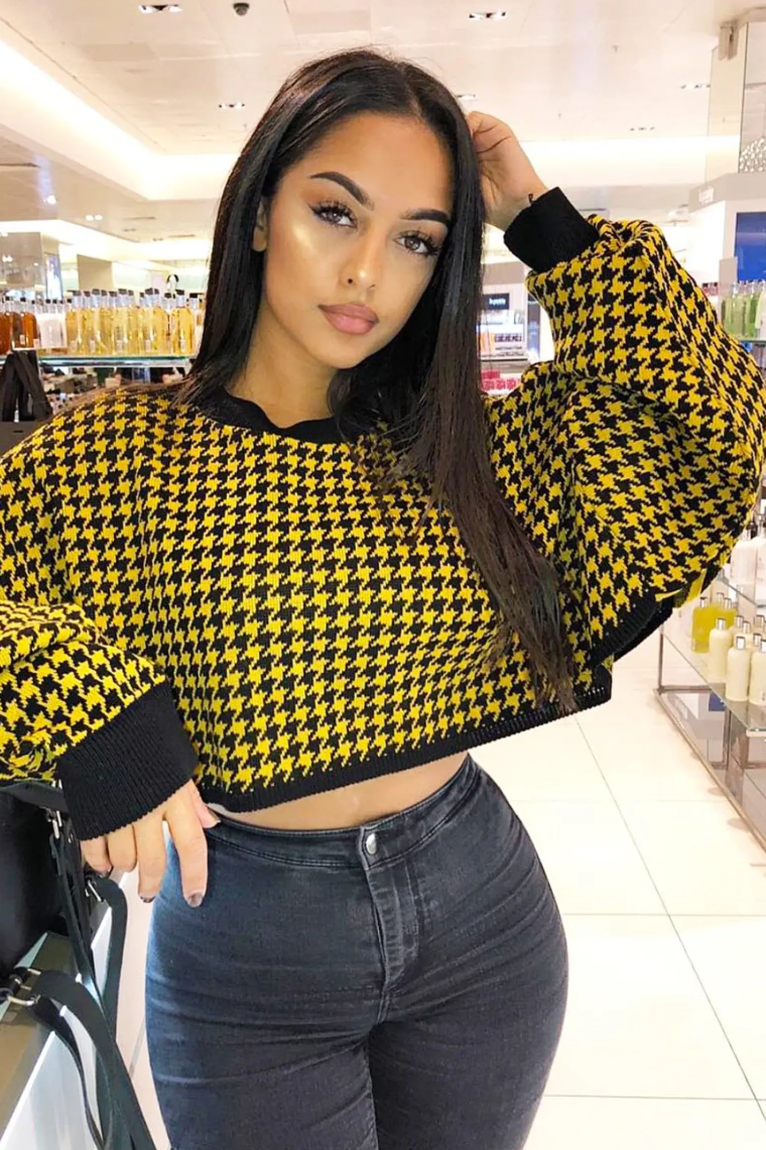 Rebellious Fashion Mustard Hounds Tooth Cropped Batwing Jumper - Lizy