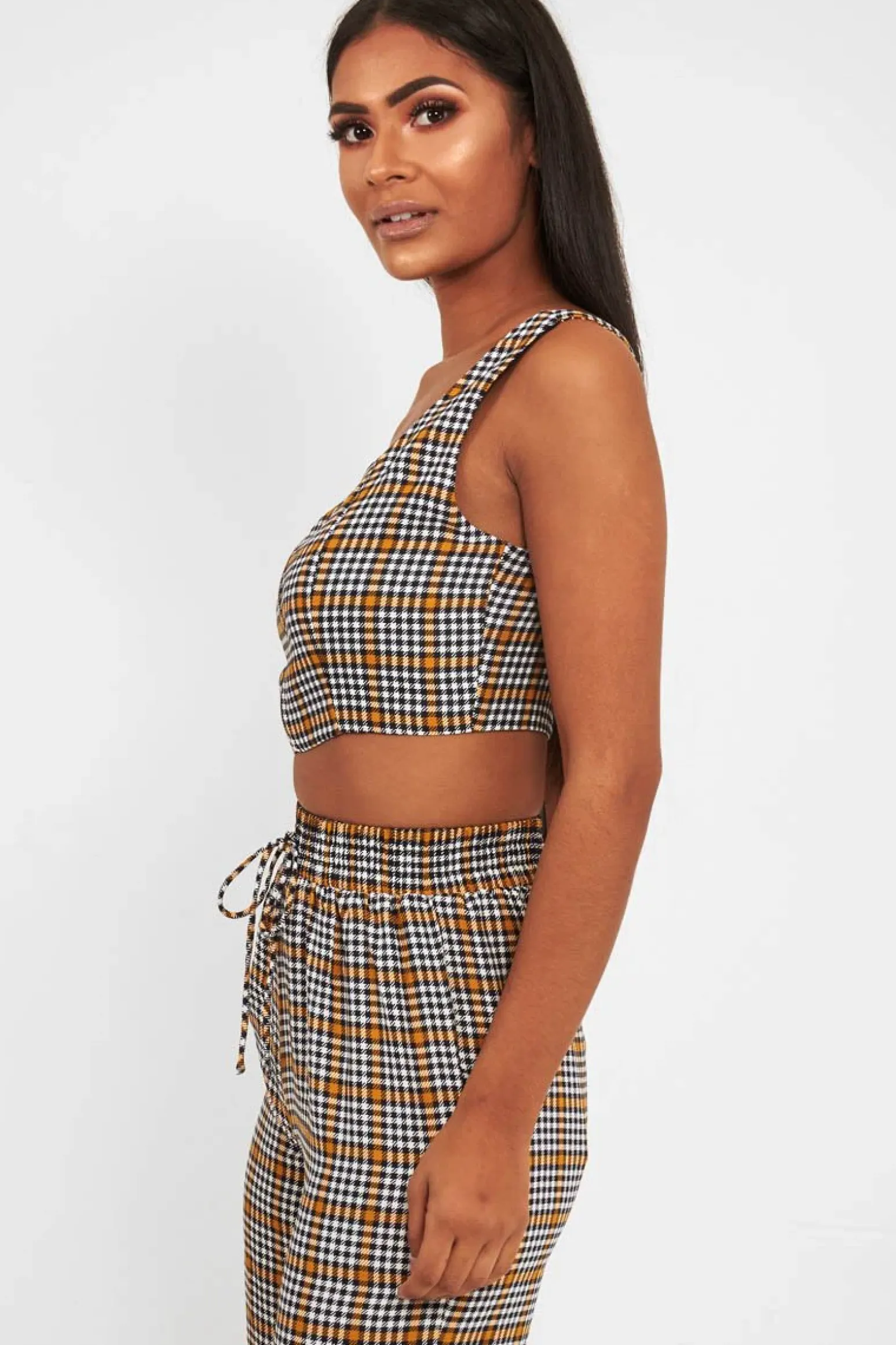 Rebellious Fashion Mustard Houndstooth Crop Top Cuffed Trousers Co-Ord - Kila