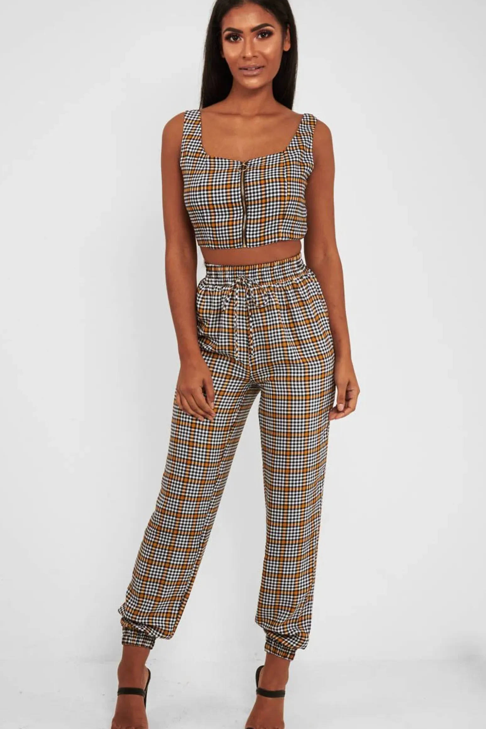 Rebellious Fashion Mustard Houndstooth Crop Top Cuffed Trousers Co-Ord - Kila