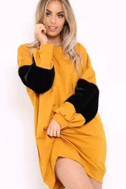 Rebellious Fashion Mustard Jumper Dress with Fur Sleeves - Paris