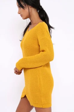Rebellious Fashion Mustard Jumper Dress with Twist Knit Detail - Antonia