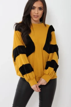 Rebellious Fashion Mustard Jumper with Fur on Front and Sleeves - Mercedes