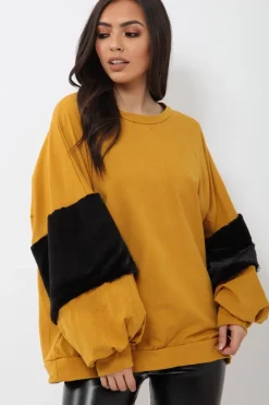 Rebellious Fashion Mustard Jumper with Fur Sleeves - Stephanie