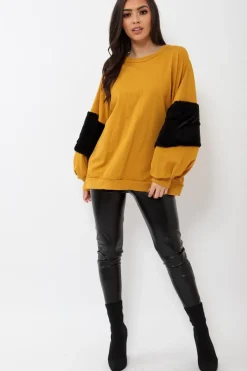 Rebellious Fashion Mustard Jumper with Fur Sleeves - Stephanie