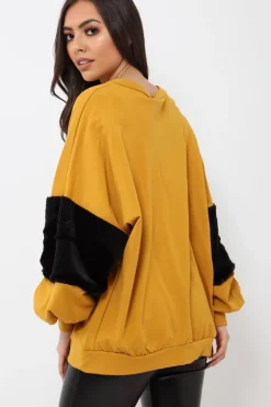 Rebellious Fashion Mustard Jumper with Fur Sleeves - Stephanie