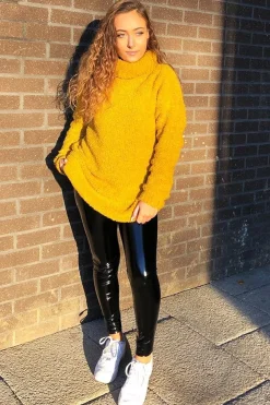 Rebellious Fashion Mustard Knitted Borg Oversized Roll Neck Jumper - Ebbie