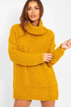 Rebellious Fashion Mustard Knitted Borg Oversized Roll Neck Jumper - Ebbie