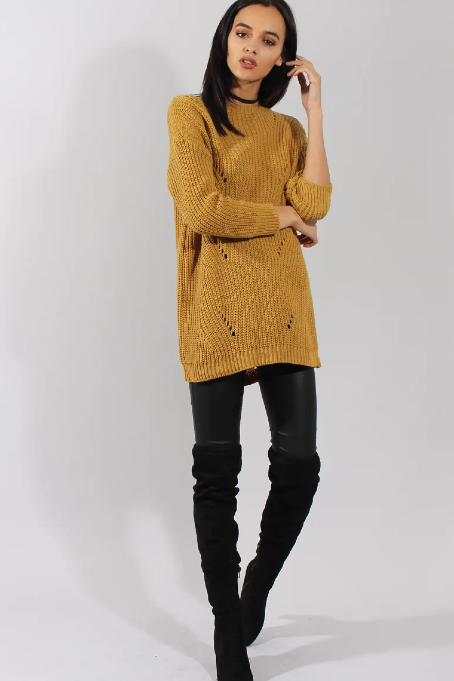 Rebellious Fashion Mustard Knitted Distressed Back Jumper Dress - Cara