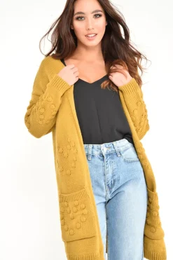 Rebellious Fashion Mustard Knitted Longline Bobble Cardigan - Annette